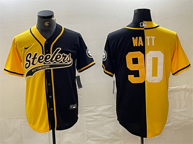 Men's Pittsburgh Steelers #90 T. J. Watt Yellow/Black Split With Patch Cool Base Stitched Baseball Jersey